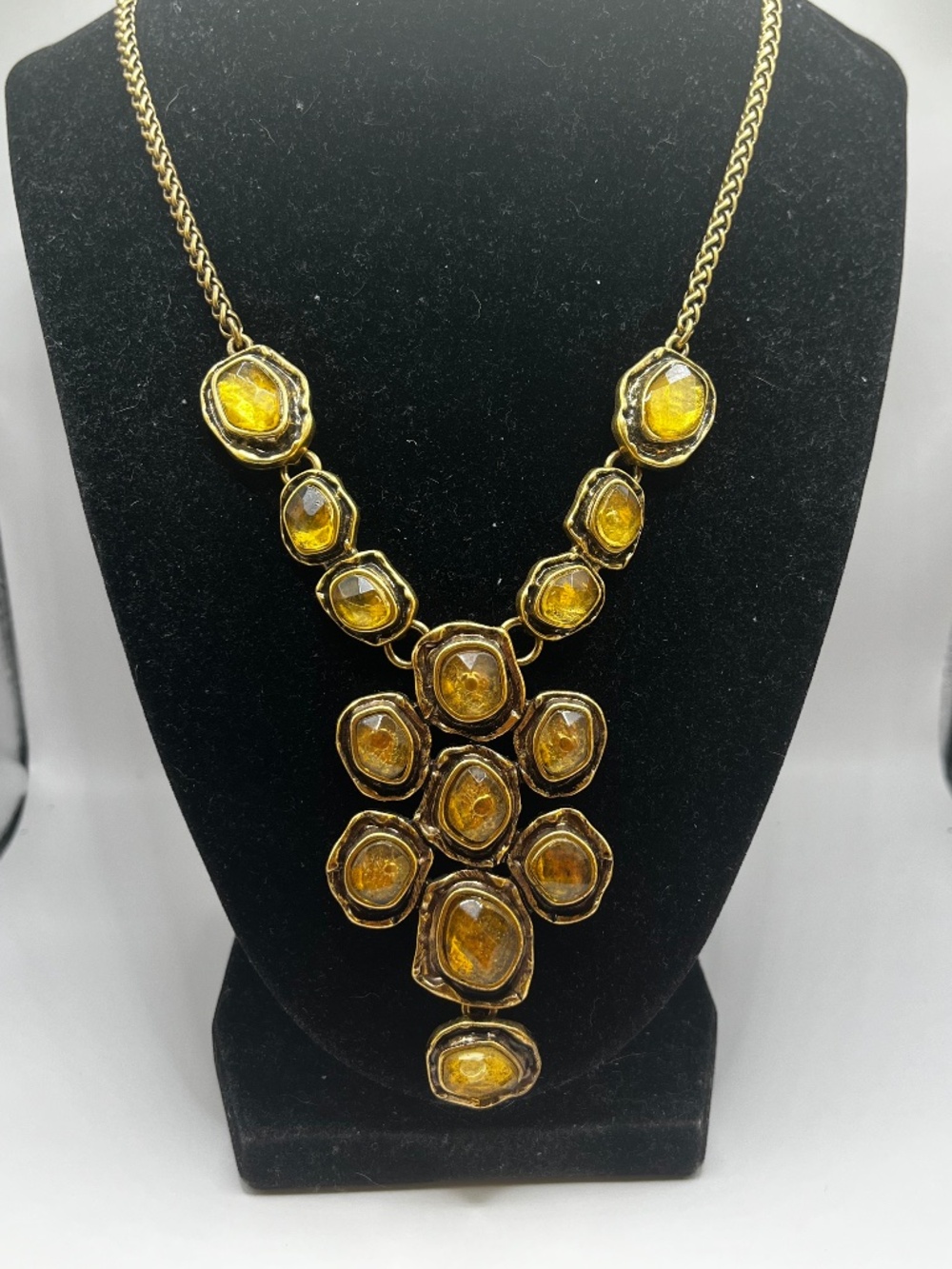 Lucky Brand Jonquil Topaz Lucite Lavaliere Bib Antique Gold Tone Necklace